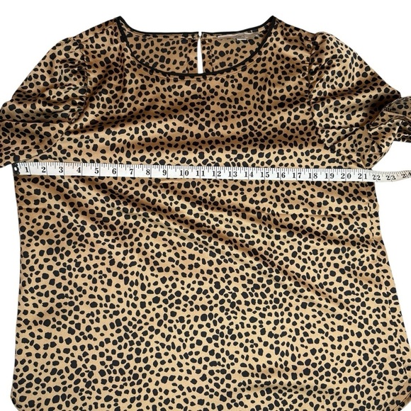 LOFT Blouse Top Cheetah Print Brown Black Short Sleeve Soft Silky Keyhole SZ L - Picture 6 of 8